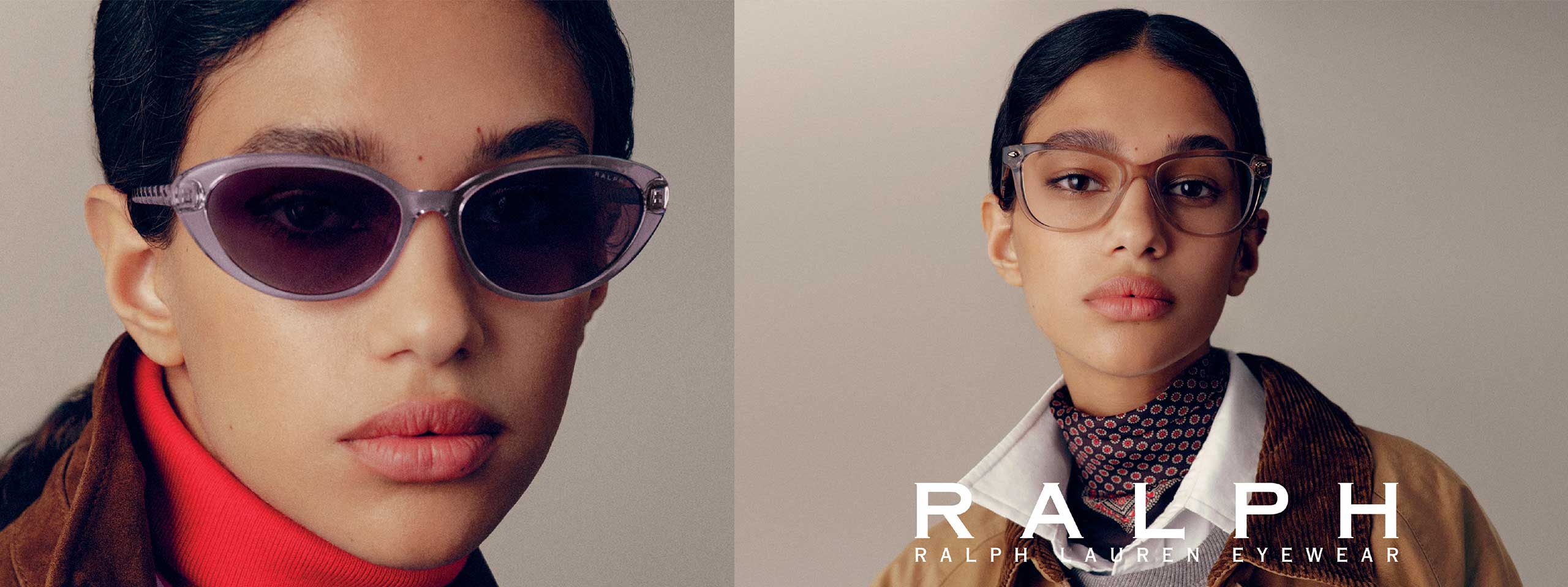 RALPH by Ralph Lauren: Frau mit Sonnenbrille (links), gleiche Frau mit Brille (rechts)